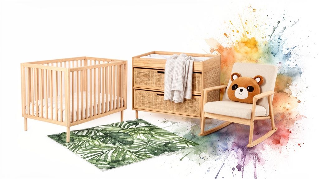 A bright jungle-themed nursery featuring a wooden crib, changing table, rocking chair, and a leaf print rug.