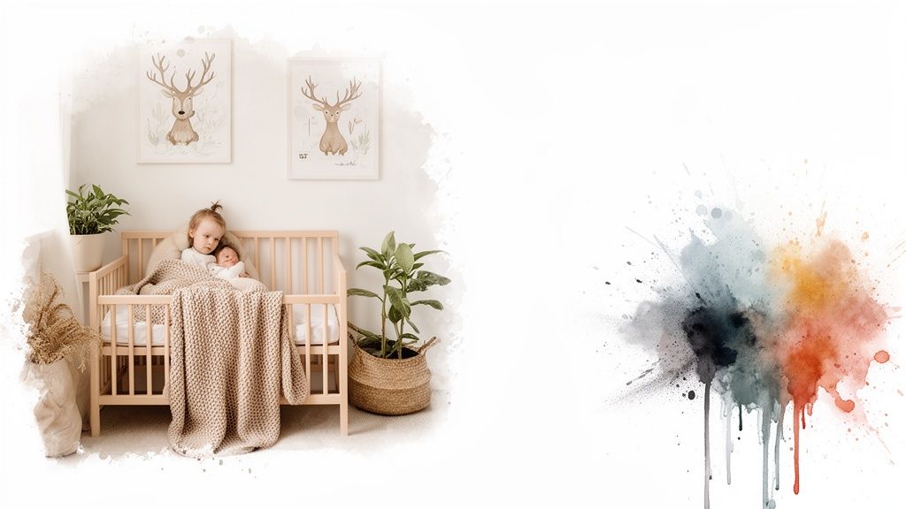 Toddler girl holding a newborn baby in a wooden crib in a Scandinavian-style nursery.