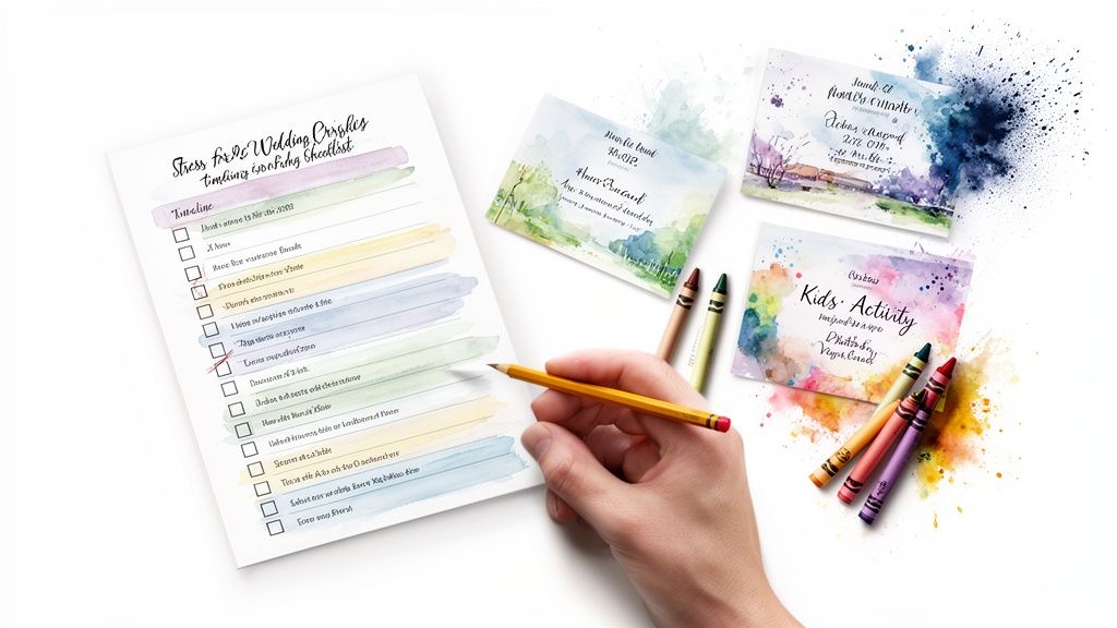 A hand checks a wedding timeline checklist with watercolor place cards and crayons.