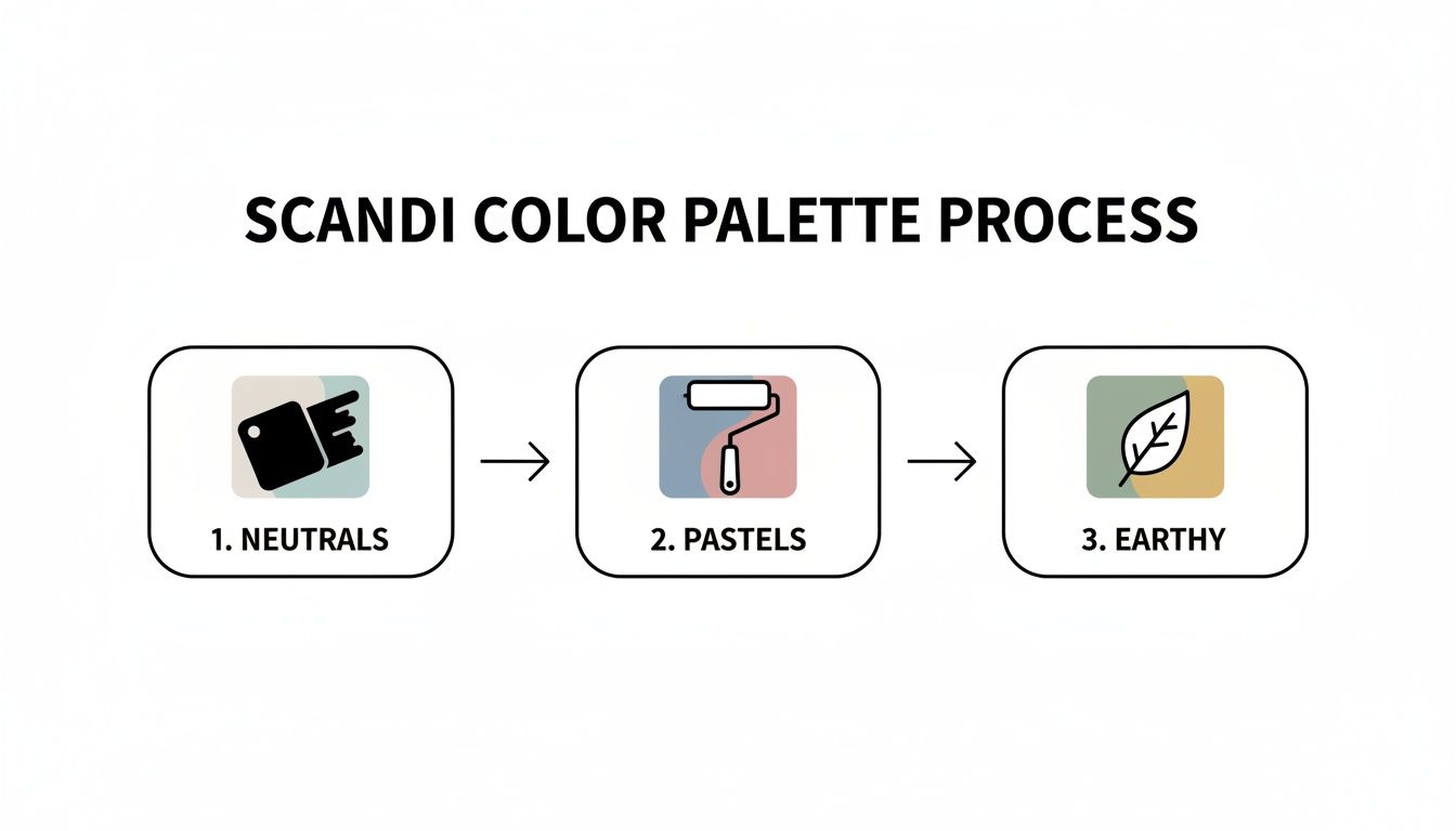A diagram illustrates the Scandi color palette process, progressing from Neutrals, to Pastels, and then to Earthy tones.