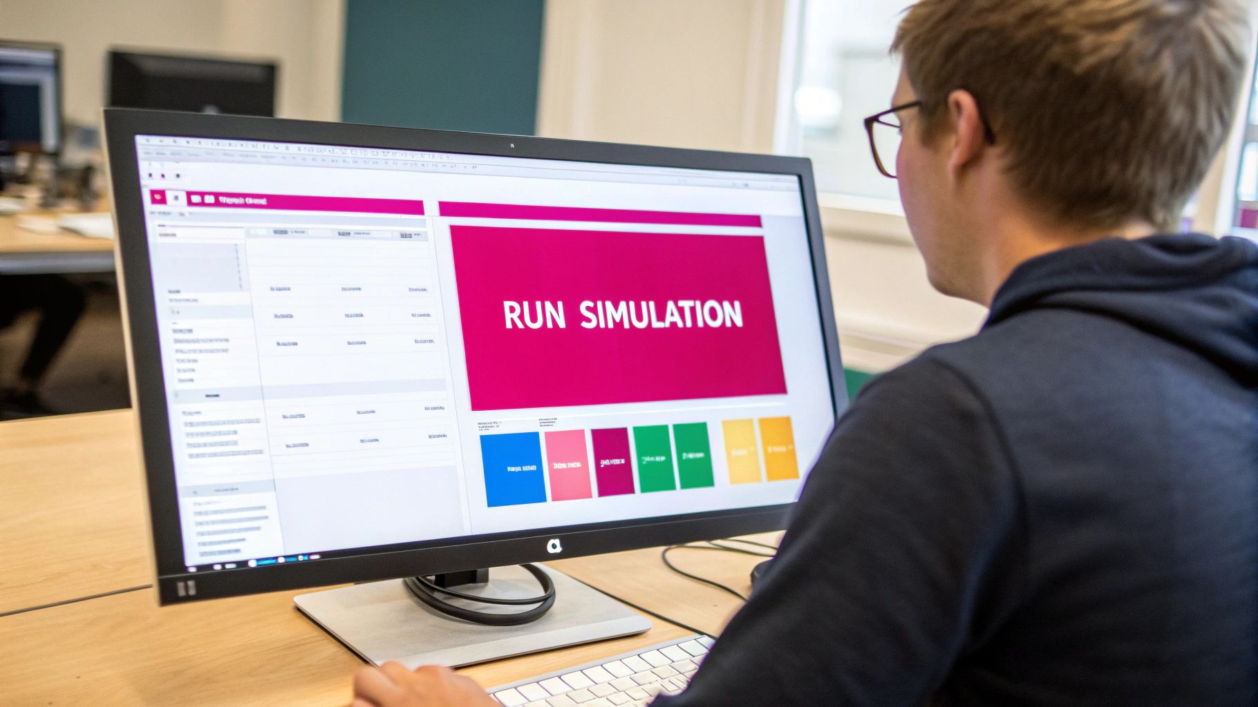A screenshot showing a Monte Carlo simulation output, with a bell curve and various probability paths for a retirement portfolio.