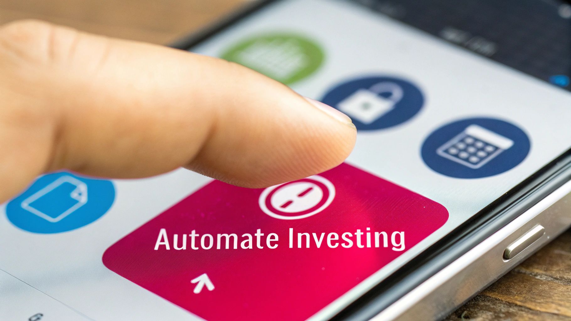 A person’s hand using a smartphone to make their first investment, with a simple, clean user interface and upward-trending charts in the background.