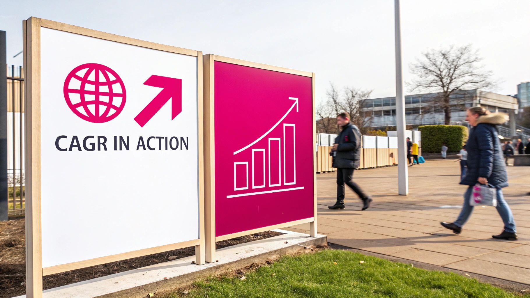 Three separate charts showing growth for a portfolio, a business, and an economy, visually connecting the concept of CAGR across different scales.