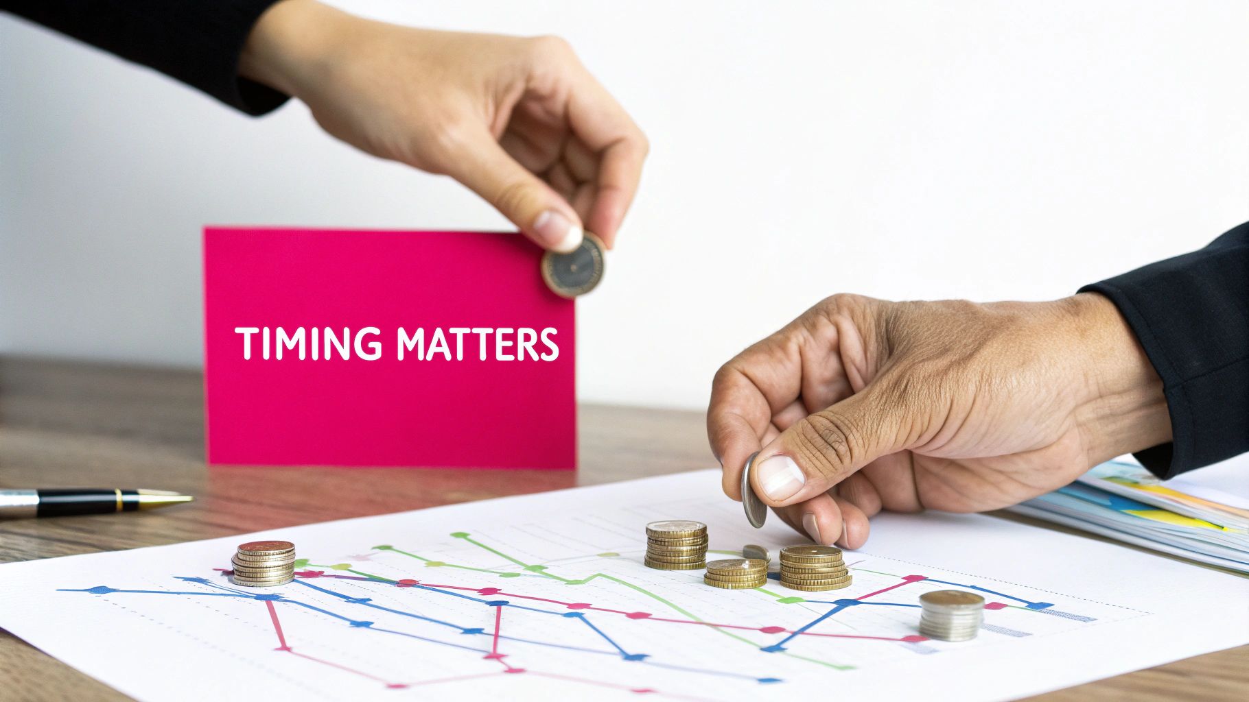 A split image showing a calculator and charts on one side and a calendar on the other, representing the difference between dollar-weighted and time-weighted returns.