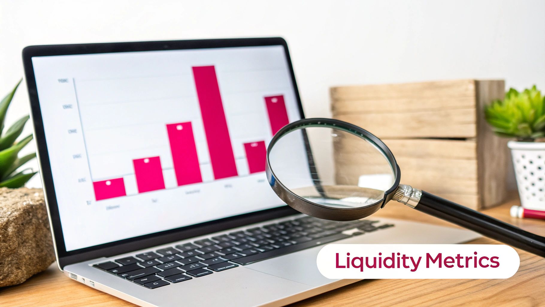 Three magnifying glasses hovering over financial data charts, representing analysis of stock metrics.