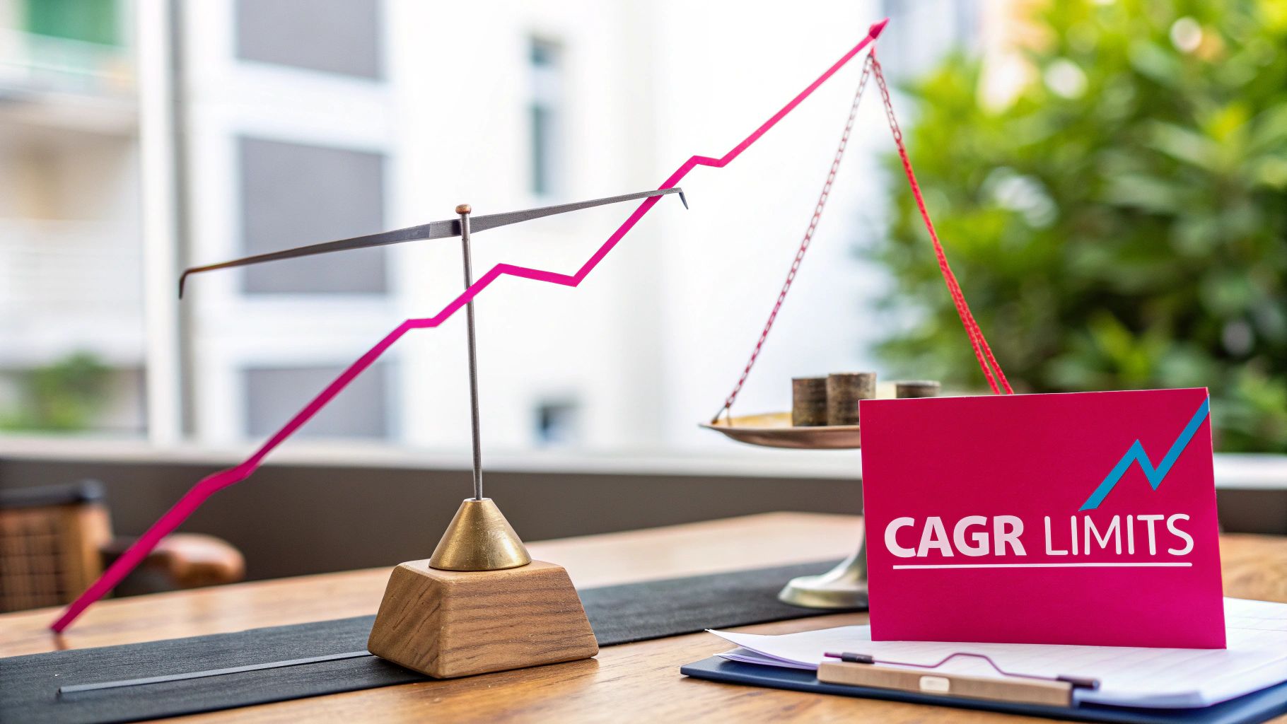 A magnifying glass hovering over a smooth trend line, revealing a volatile, jagged line underneath, symbolizing how CAGR can hide risk.
