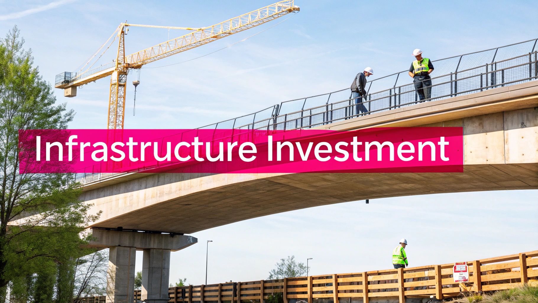 A massive suspension bridge under construction, symbolizing large-scale infrastructure investment.