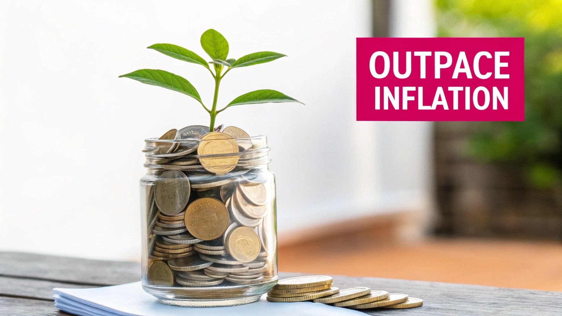 A money tree with coins and bills growing, symbolizing financial growth that outpaces inflation