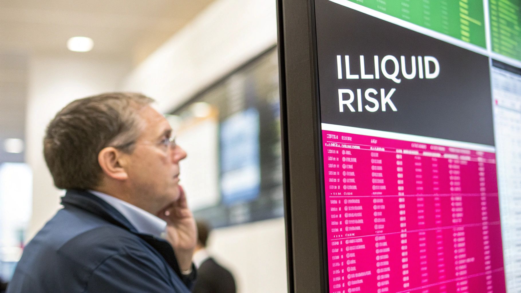 A solitary small boat navigating through a foggy, uncertain sea, representing the risks of illiquid markets.