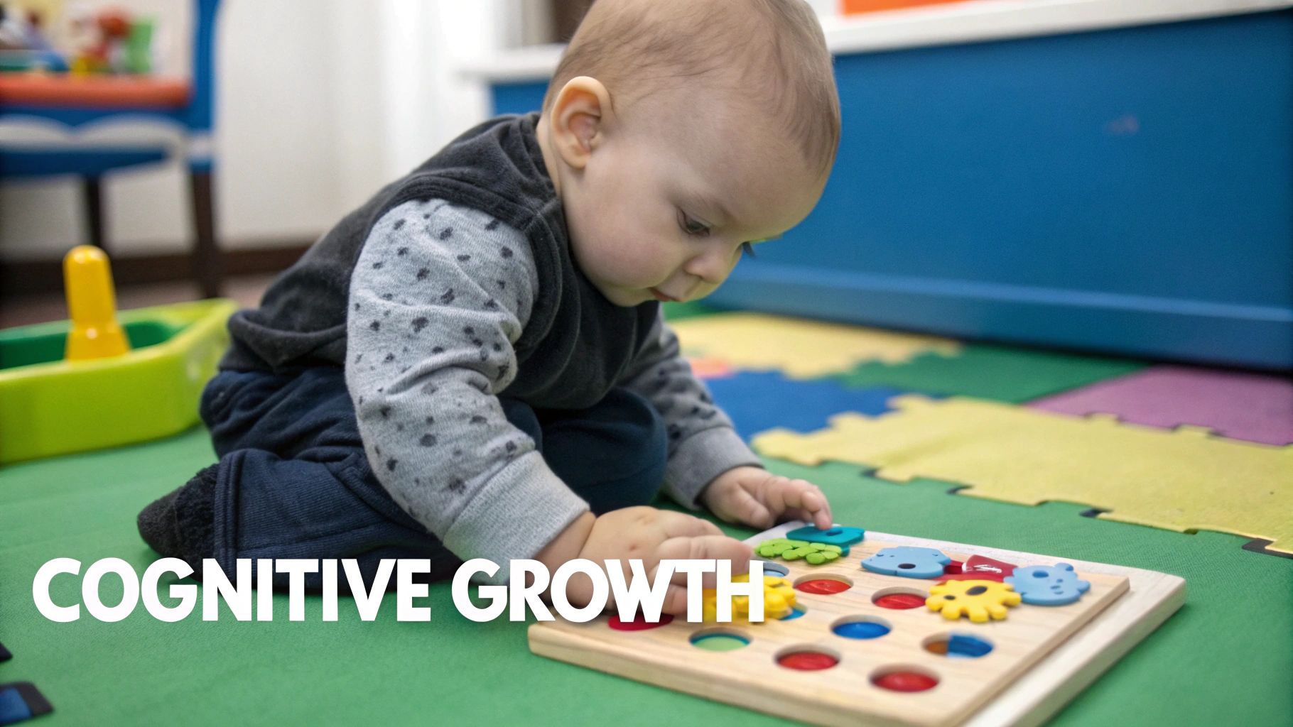 Colourful developmental toys for infants arranged neatly in a toy box
