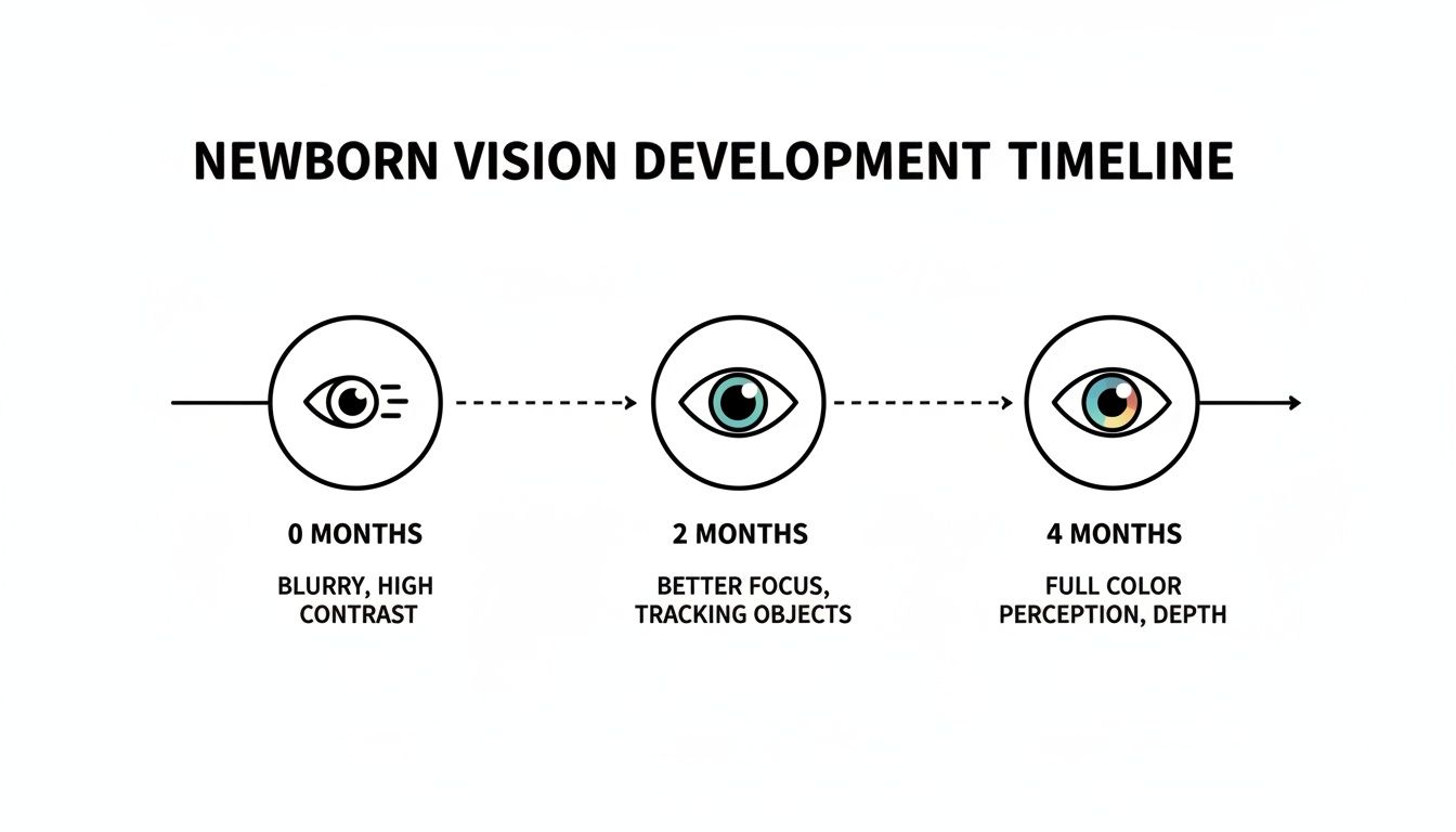 Timeline illustrating newborn vision development from blurry, high contrast at 0 months to full color and depth at 4 months.