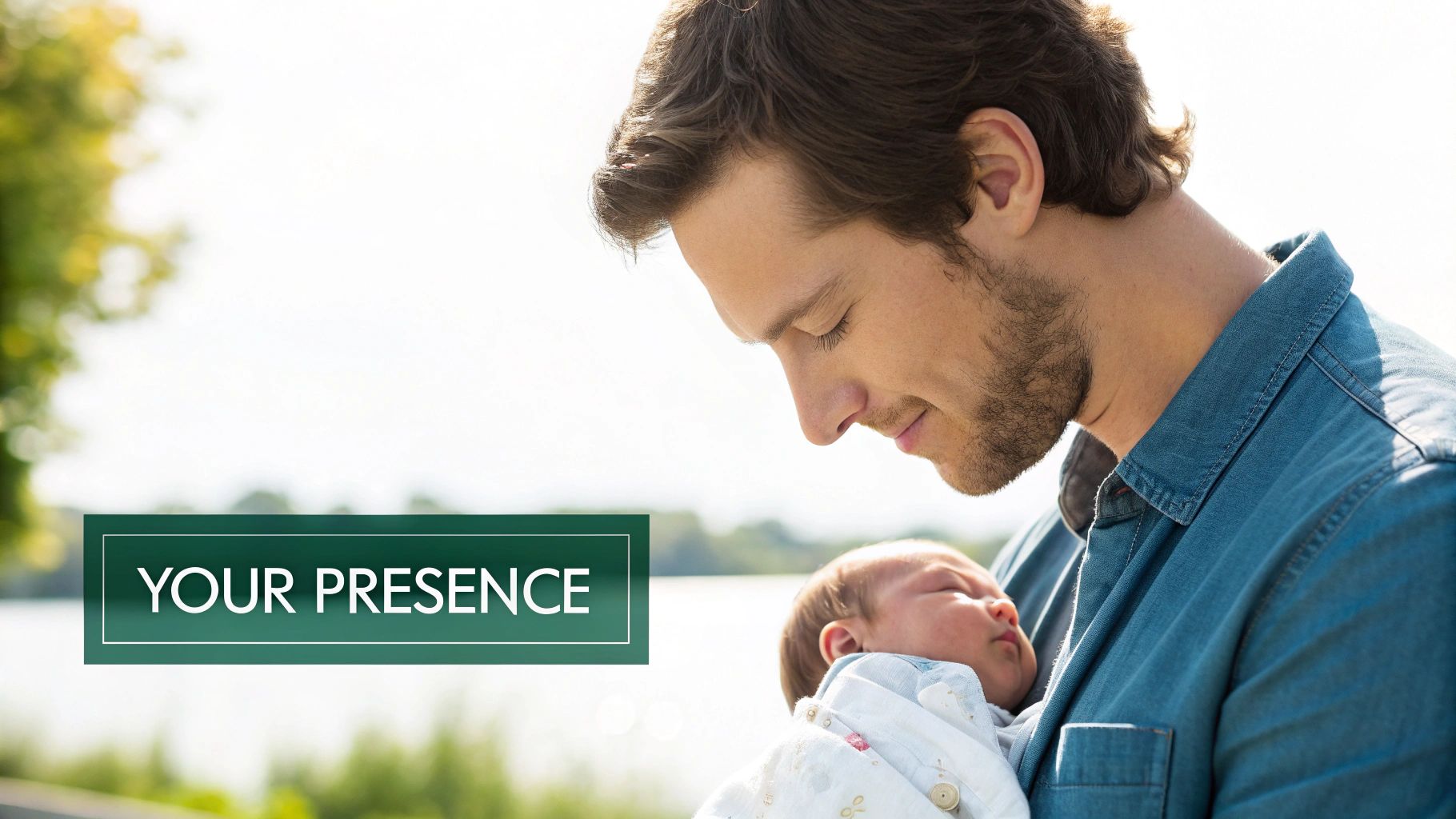 A loving father gently holds his newborn baby outdoors, sharing a tender moment.