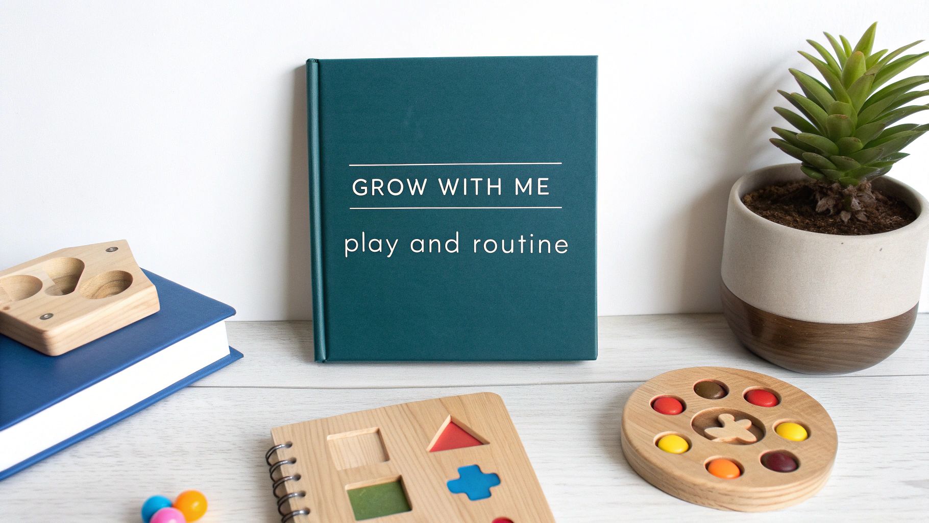 A teal journal titled "GROW WITH ME play and routine" on a desk with wooden baby toys and a plant.