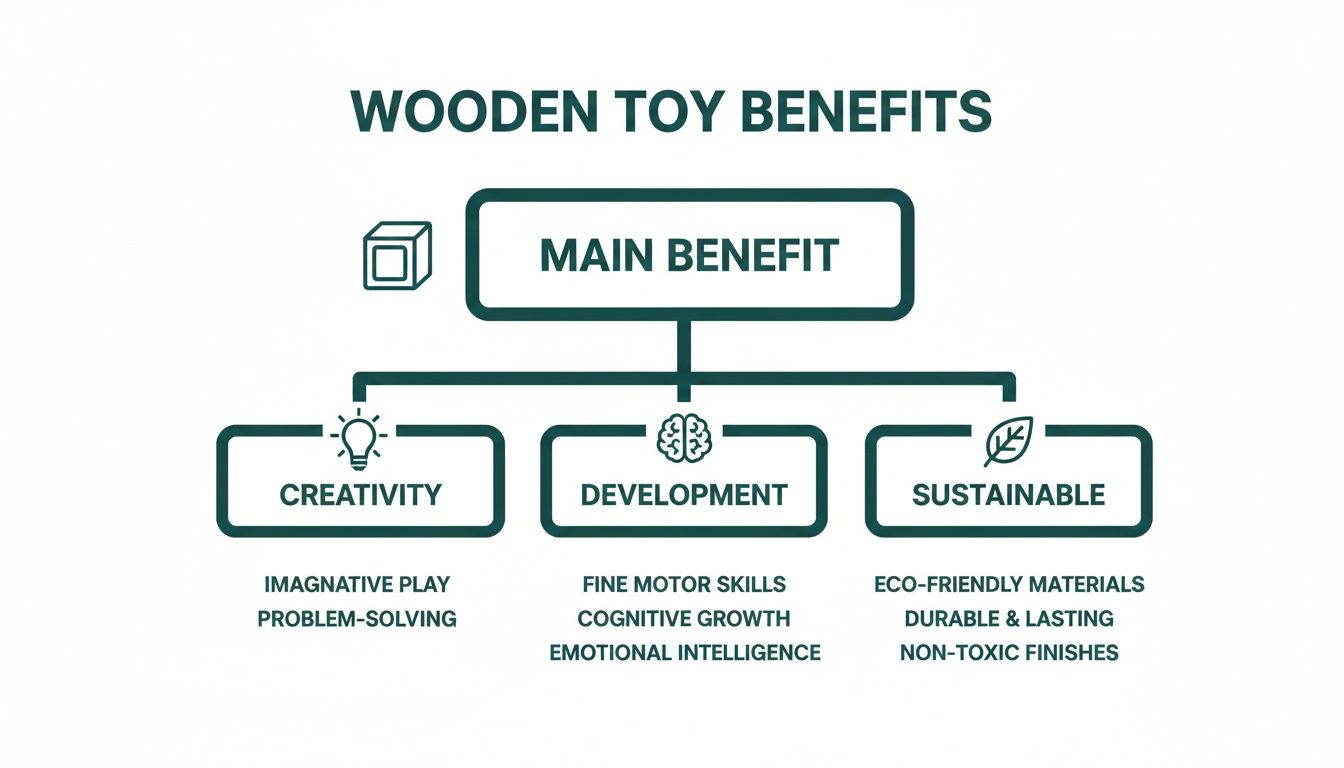 A diagram outlining the benefits of wooden toys, including creativity, development, and sustainability.