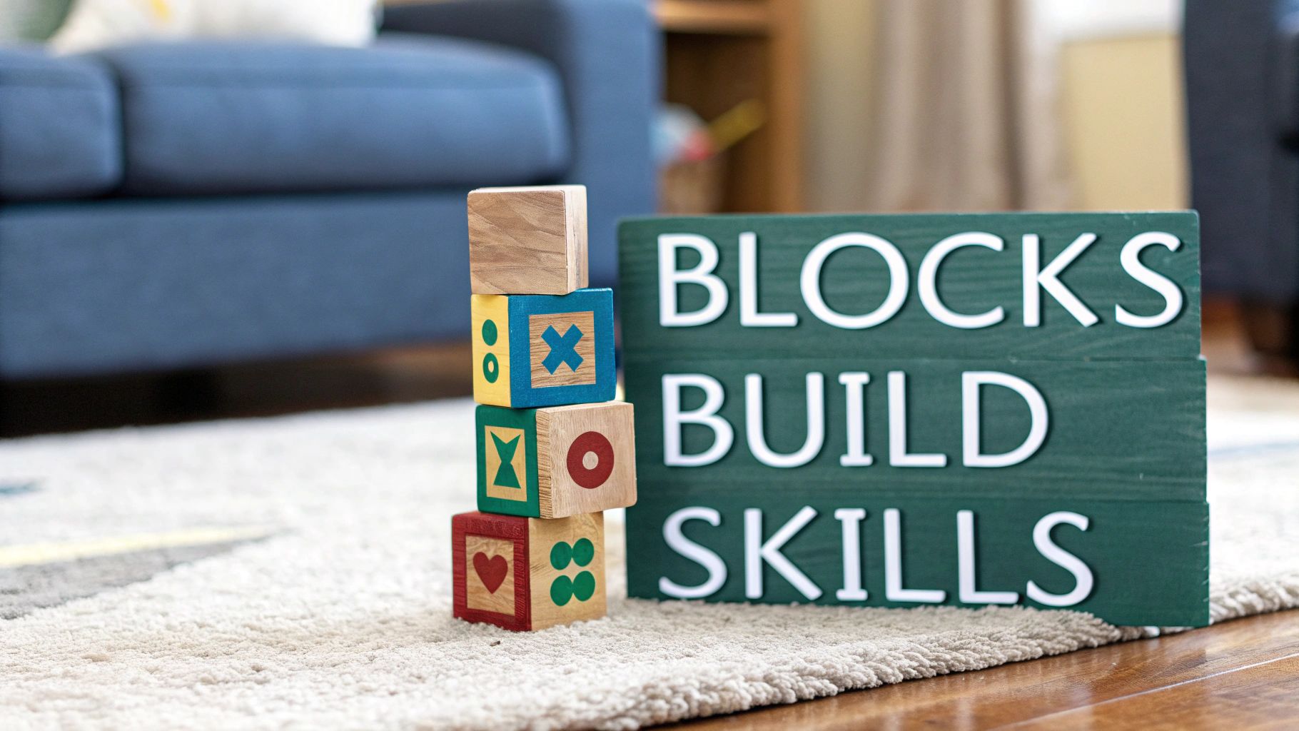 Colorful wooden building blocks stacked next to a green sign stating 'BLOCKS BUILD SKILLS' on a living room carpet.