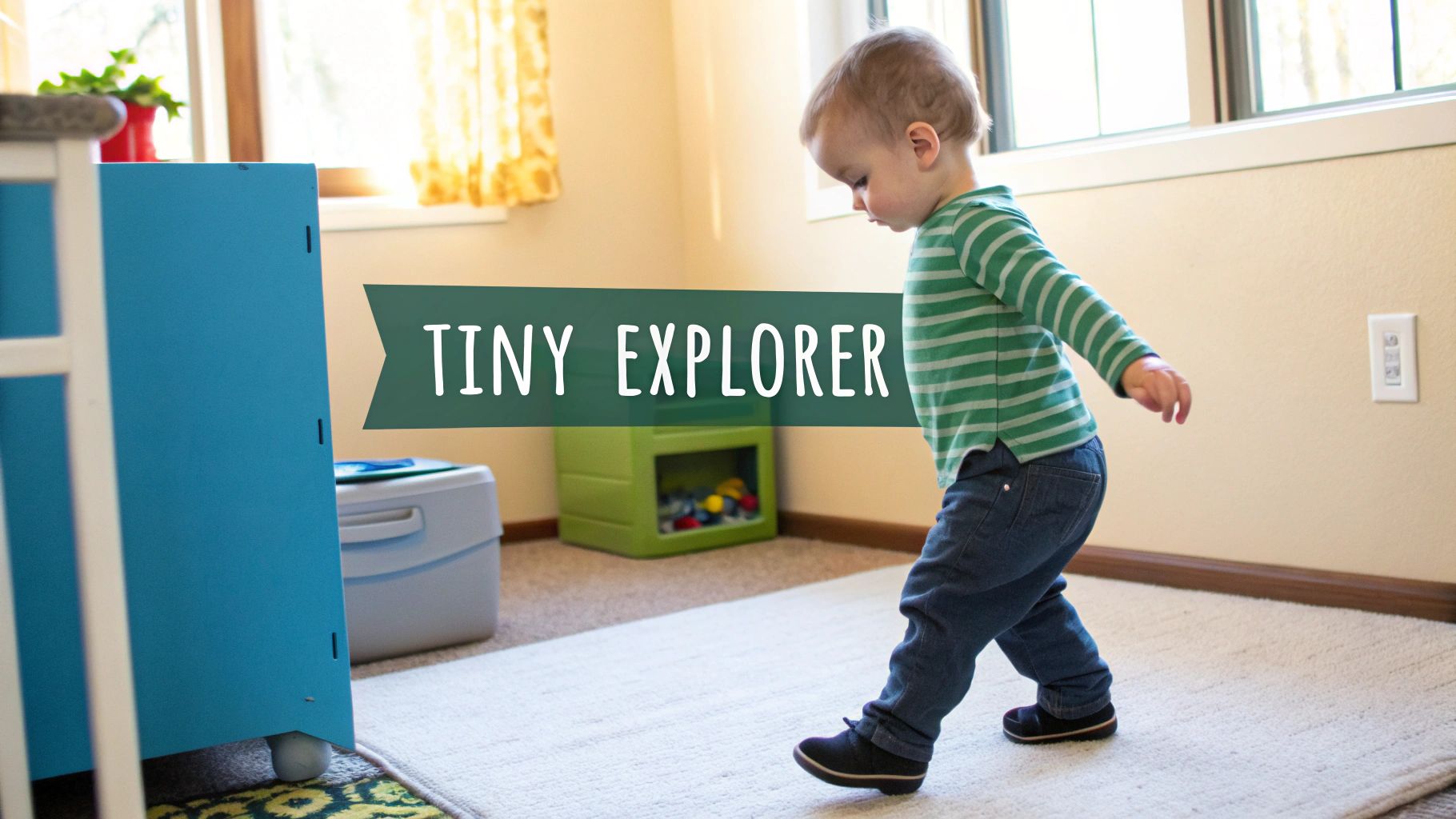 A toddler in a striped shirt and jeans walks across a rug, exploring a room with toys.