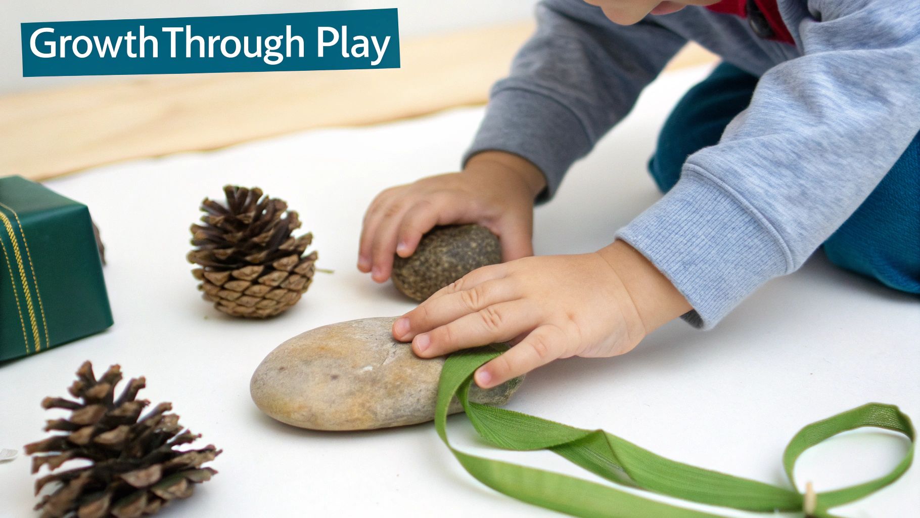 A toddler sits on a wooden floor, exploring a variety of heuristic play objects scattered around them.