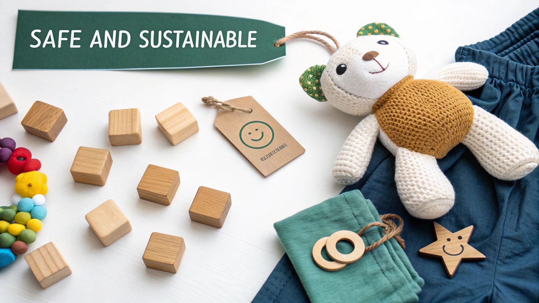 A flat lay of baby items, including a teddy bear, wooden blocks, and tags promoting safe and sustainable products.