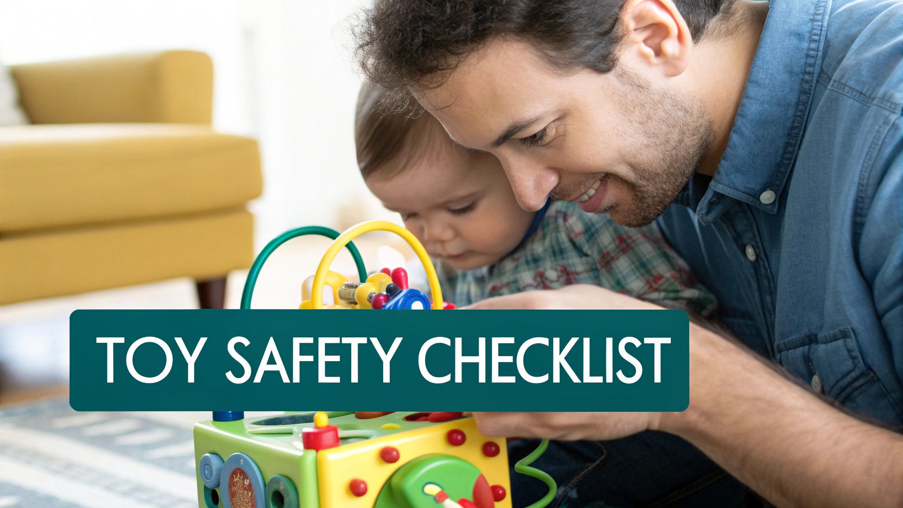 A parent holding up a brightly coloured, textured toy for their newborn to look at.