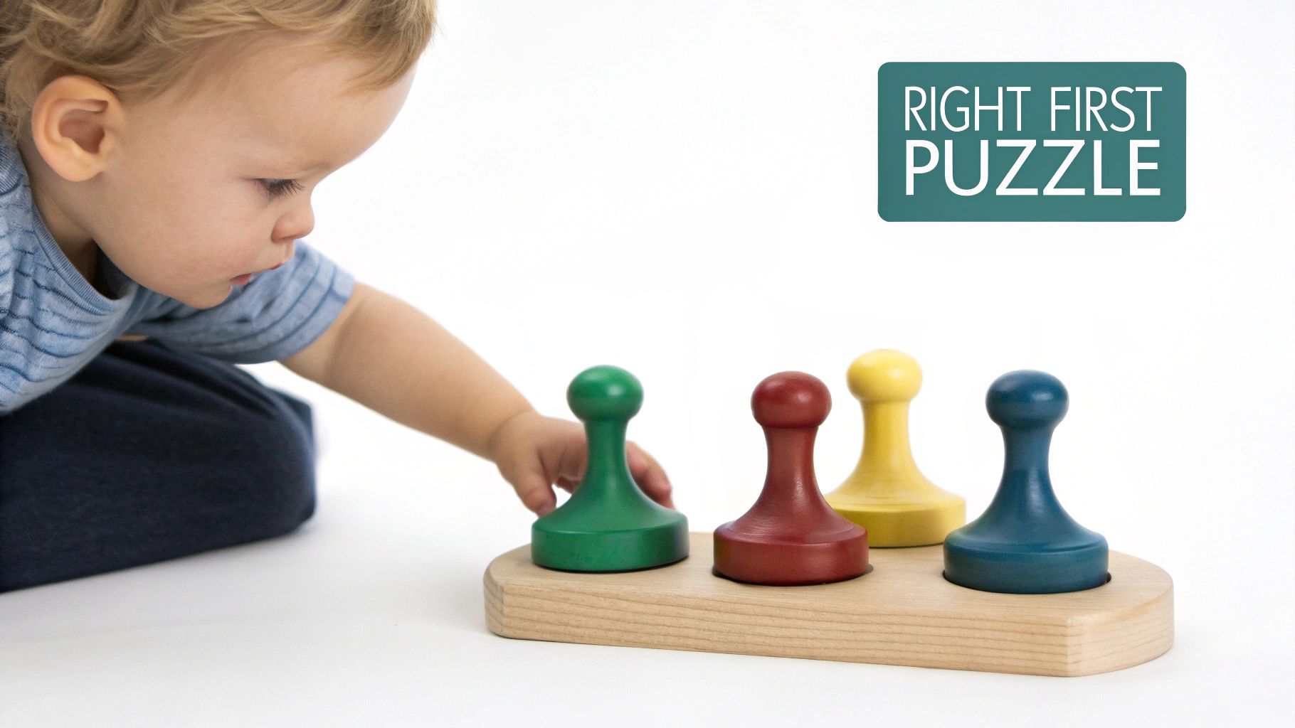 A young child with blonde hair playing with a colorful wooden peg puzzle.