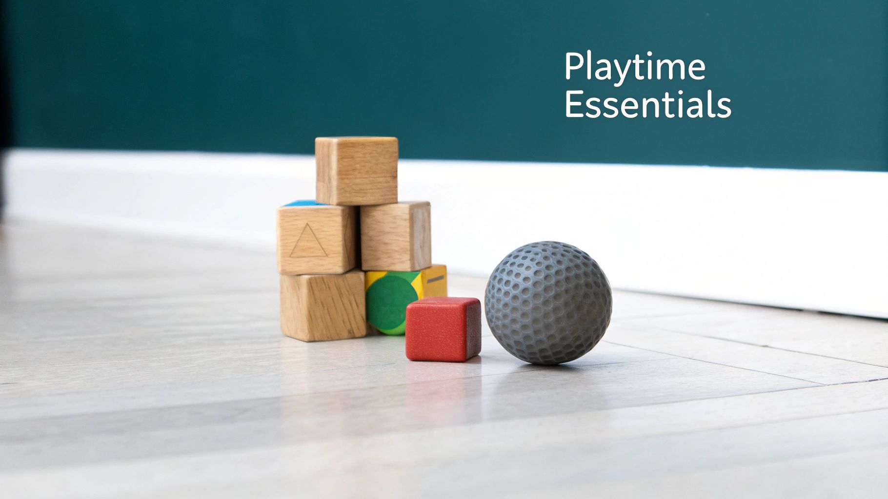Playtime essentials: a stack of wooden blocks, a red cube, and a gray ball on a floor.