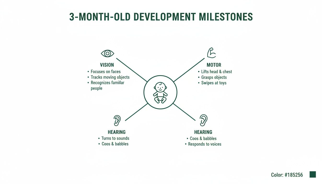 Infographic showing 3-month-old development milestones for vision, motor skills, and hearing.