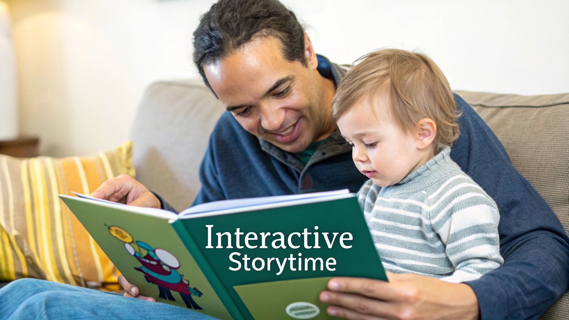 A parent and toddler reading an interactive book together on a comfy sofa.