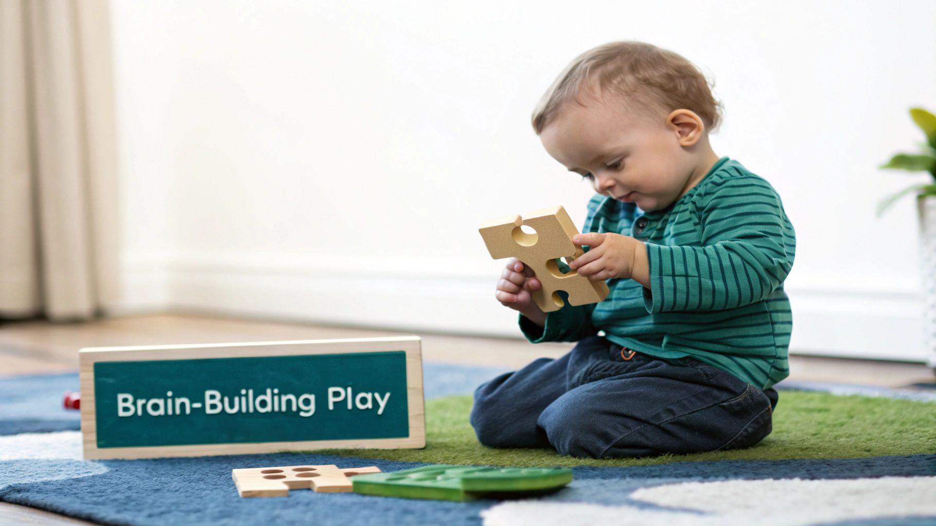A happy toddler sits on a colorful rug, focused on building a wooden puzzle. A sign says 'Brain-Building Play'.