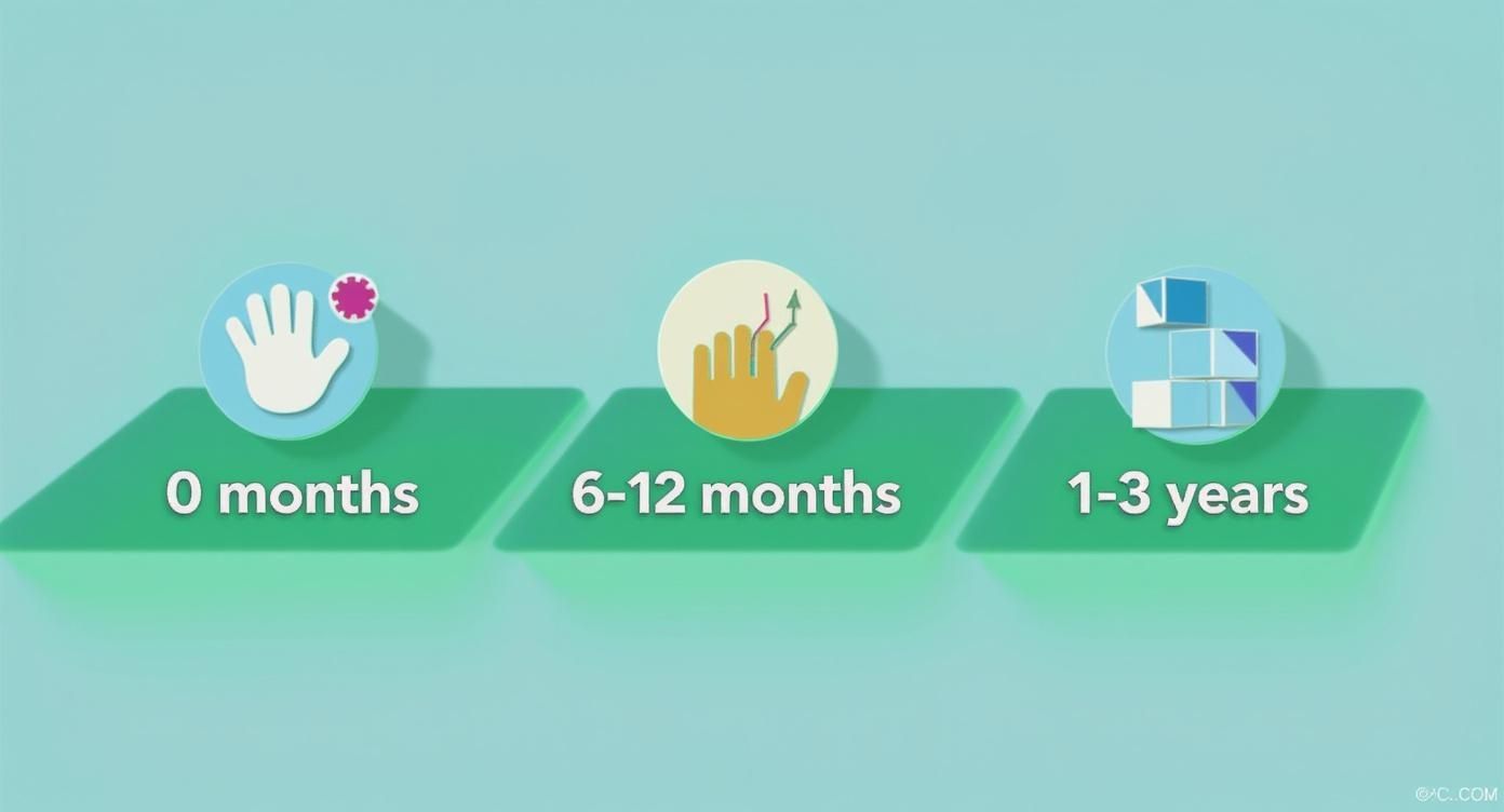 Developmental milestones for babies showing three age ranges: zero months, six to twelve months, and one to three years