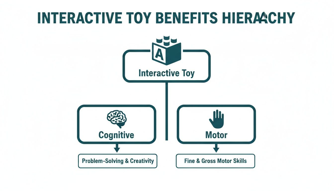 Hierarchy diagram illustrating interactive toy benefits, categorized into cognitive (problem-solving, creativity) and motor skills.