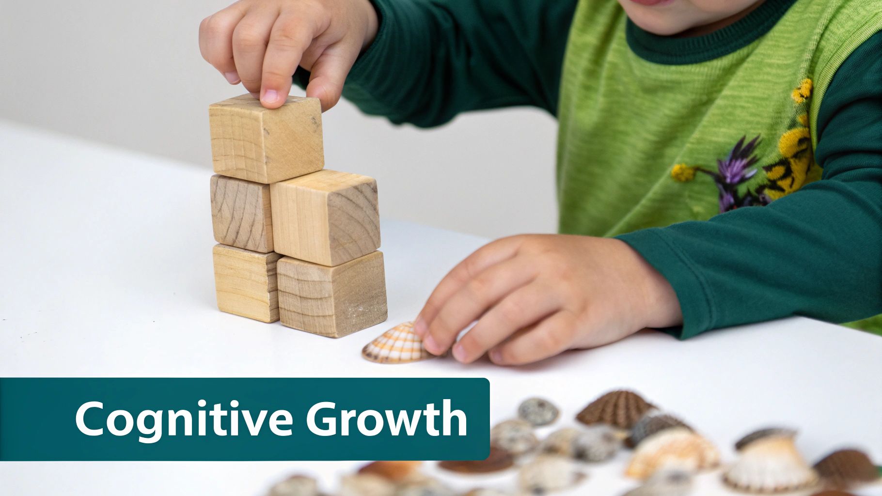 A young child's hands build a tower of wooden blocks and play with seashells, indicating cognitive growth.
