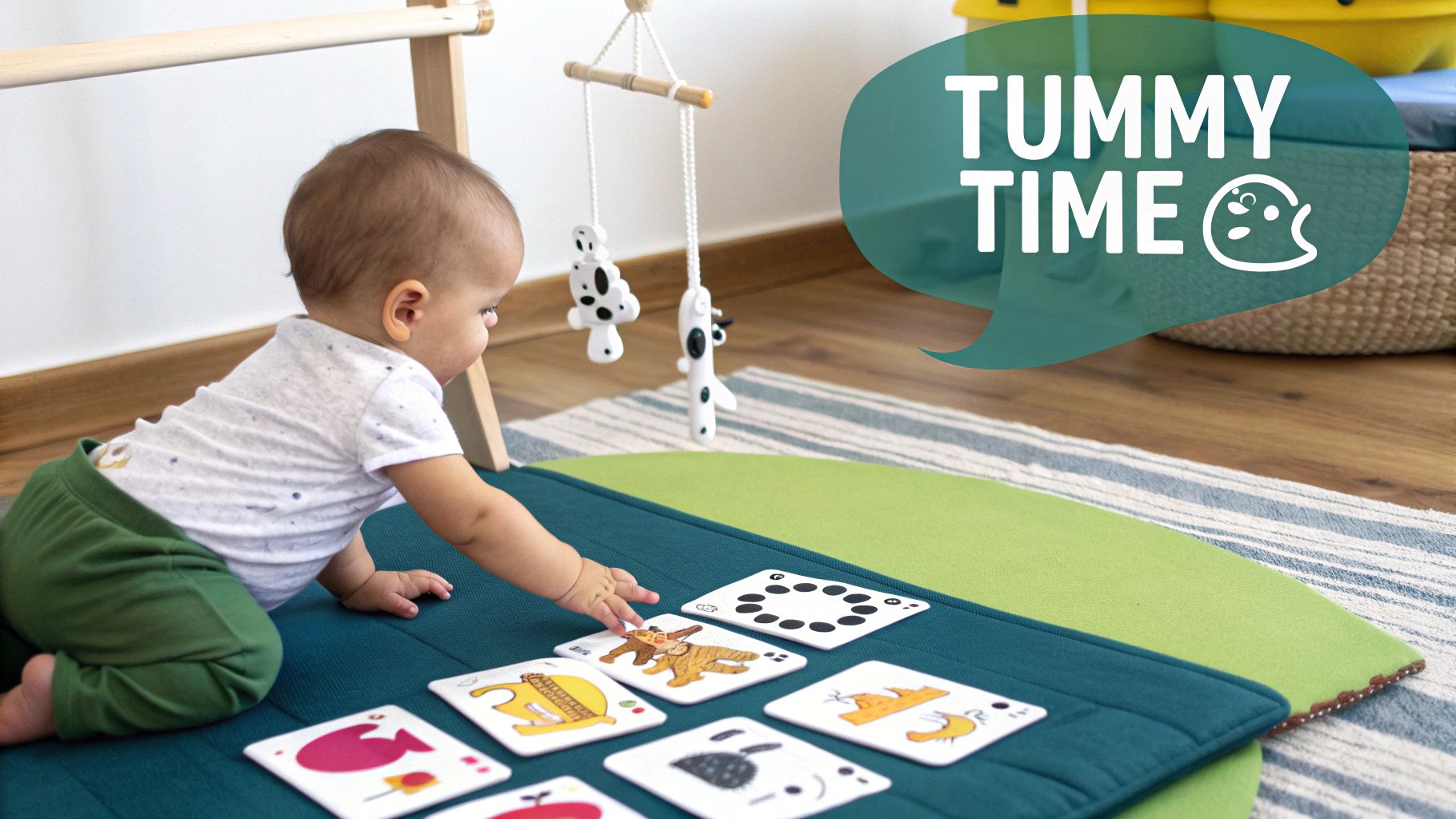 A baby on a green and blue playmat, engaging in tummy time and reaching for high-contrast cards under a wooden play gym.