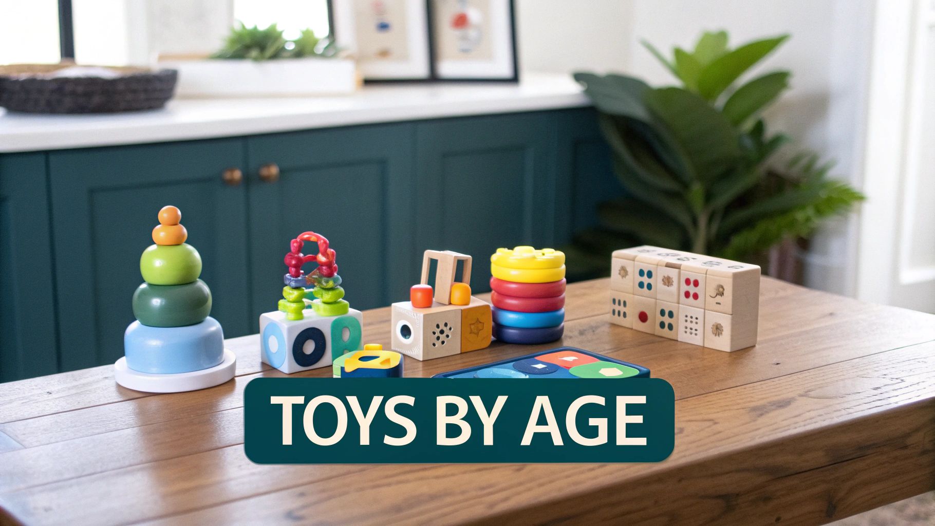 Colorful wooden sensory toys like stackers, shape sorters, and blocks arranged on a wooden table.