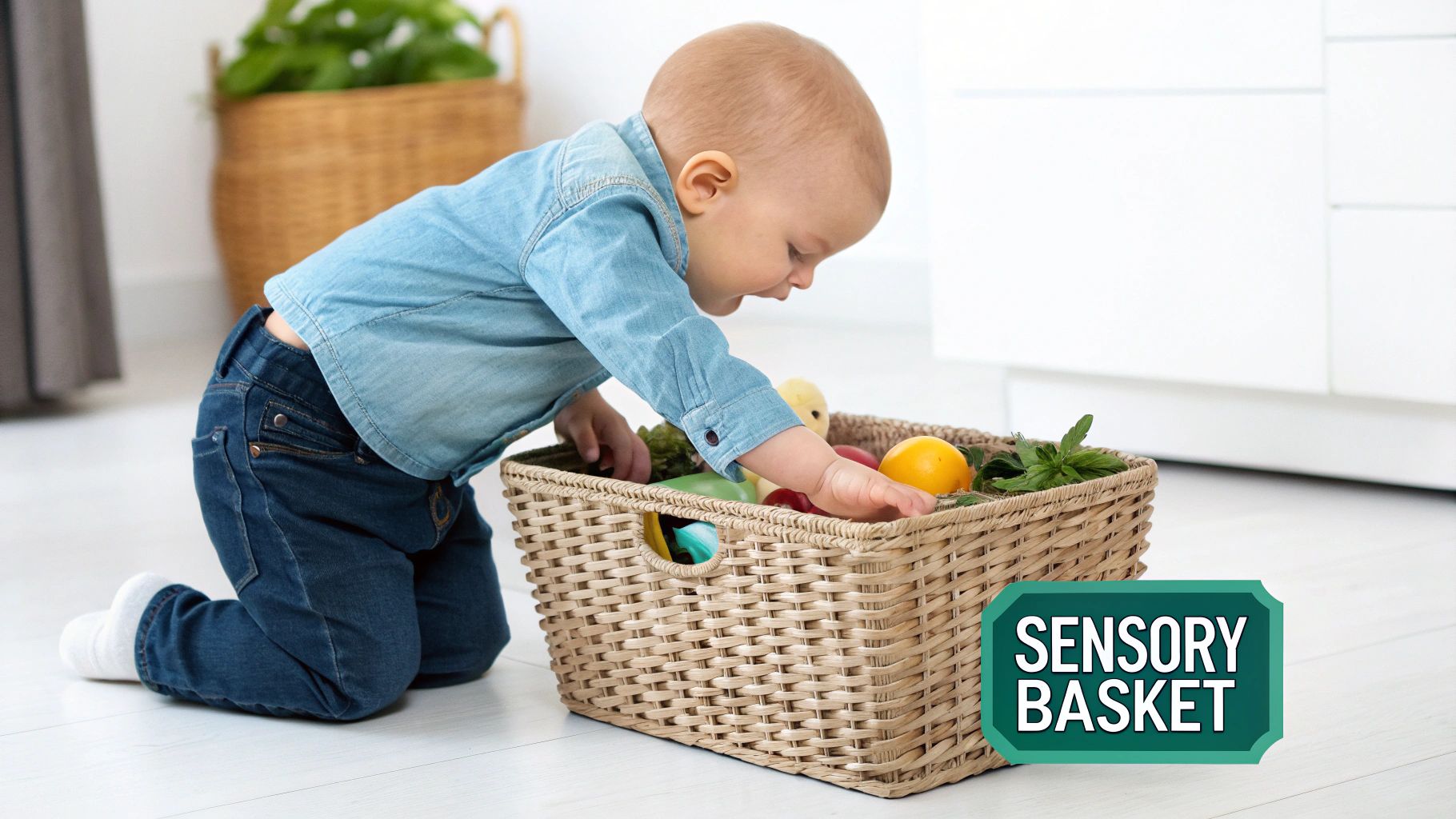 A happy baby on hands and knees explores a sensory basket filled with colorful fruits and herbs.
