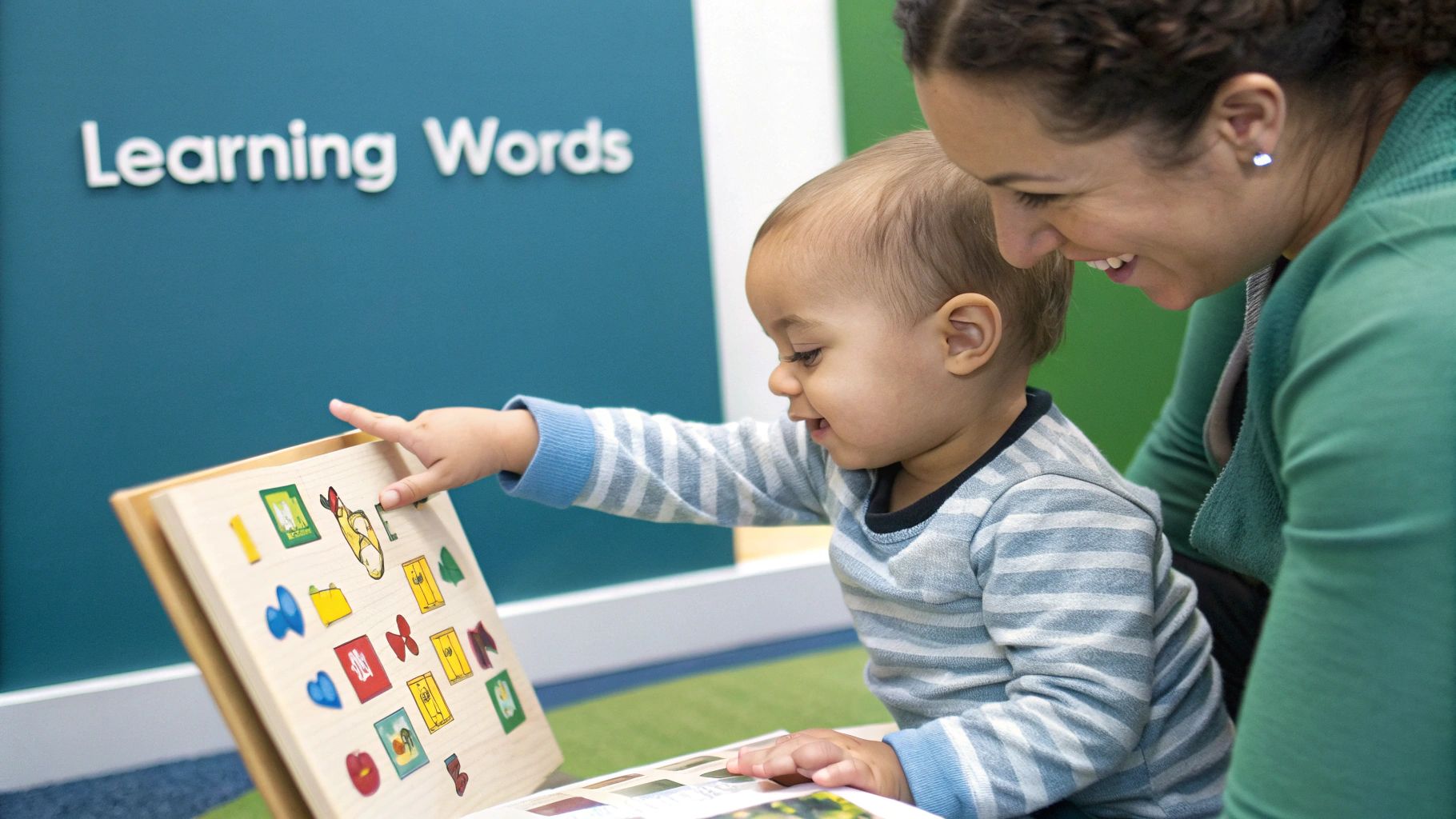 A smiling adult guides a happy baby pointing at colorful shapes on a wooden learning board.