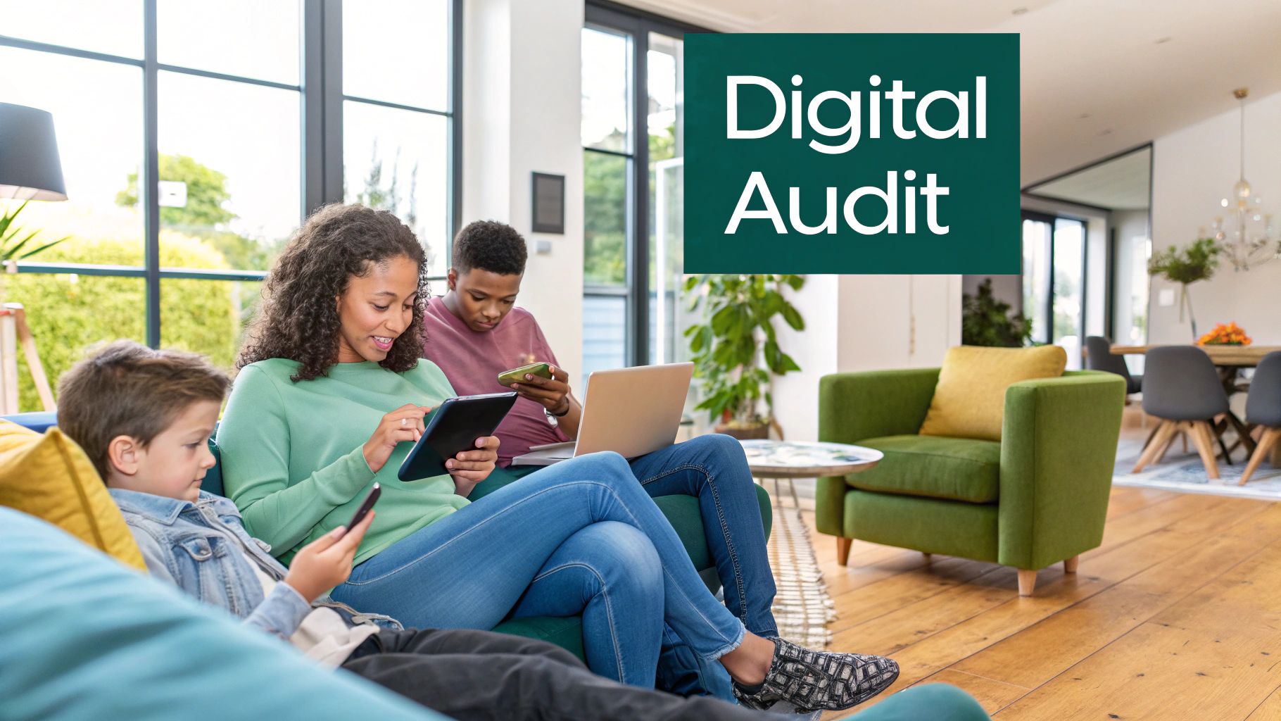 A family sitting together on a sofa, happily engaged with a tablet, representing the need to understand current digital habits.