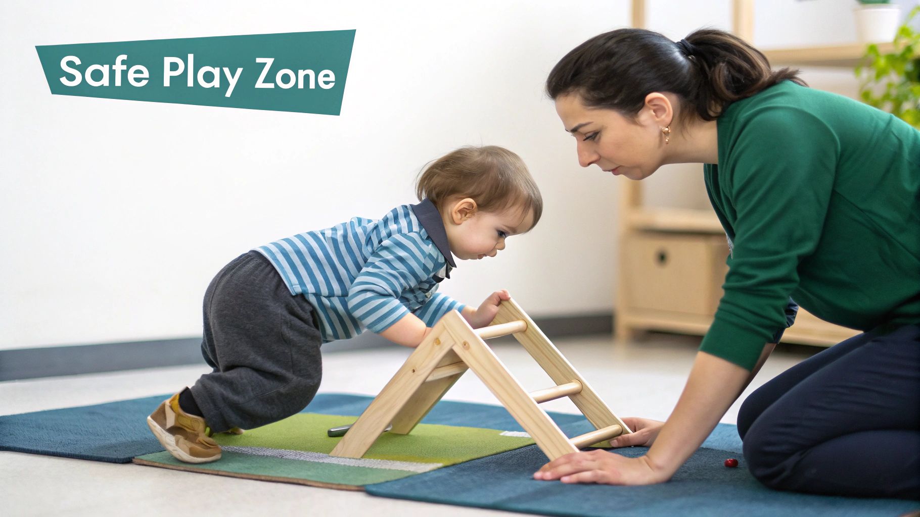 A baby explores a wooden climbing structure with an adult supervising in a safe play zone.