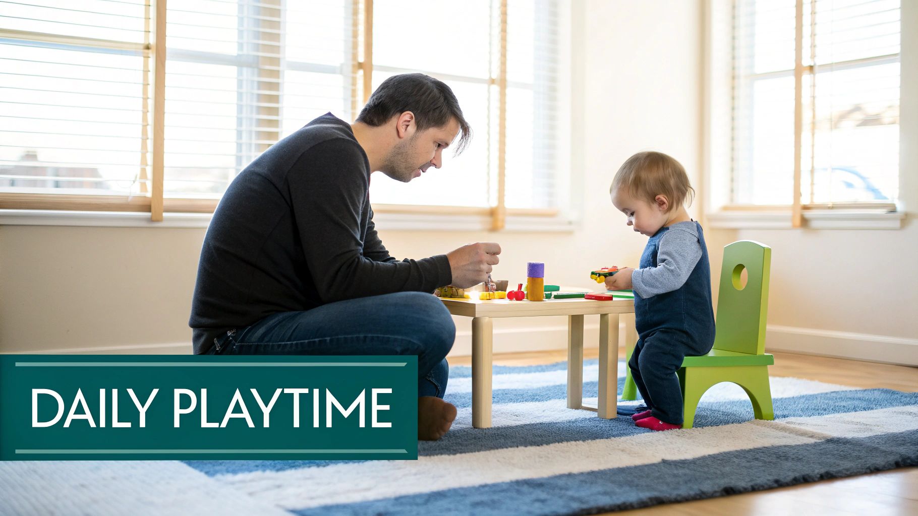 A father and a baby are playing together with colorful toys at a small wooden table on a striped rug.