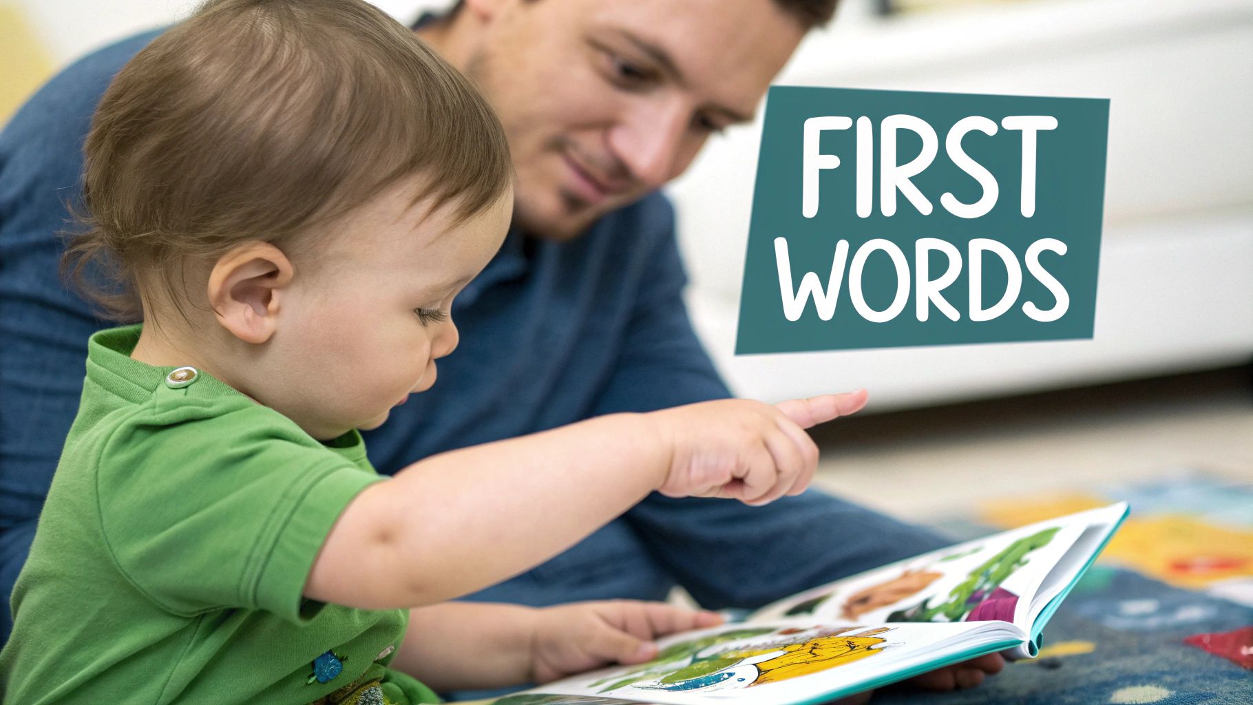 A baby in a green shirt points at a colorful picture book, with an adult watching. A text overlay reads 'FIRST WORDS'.