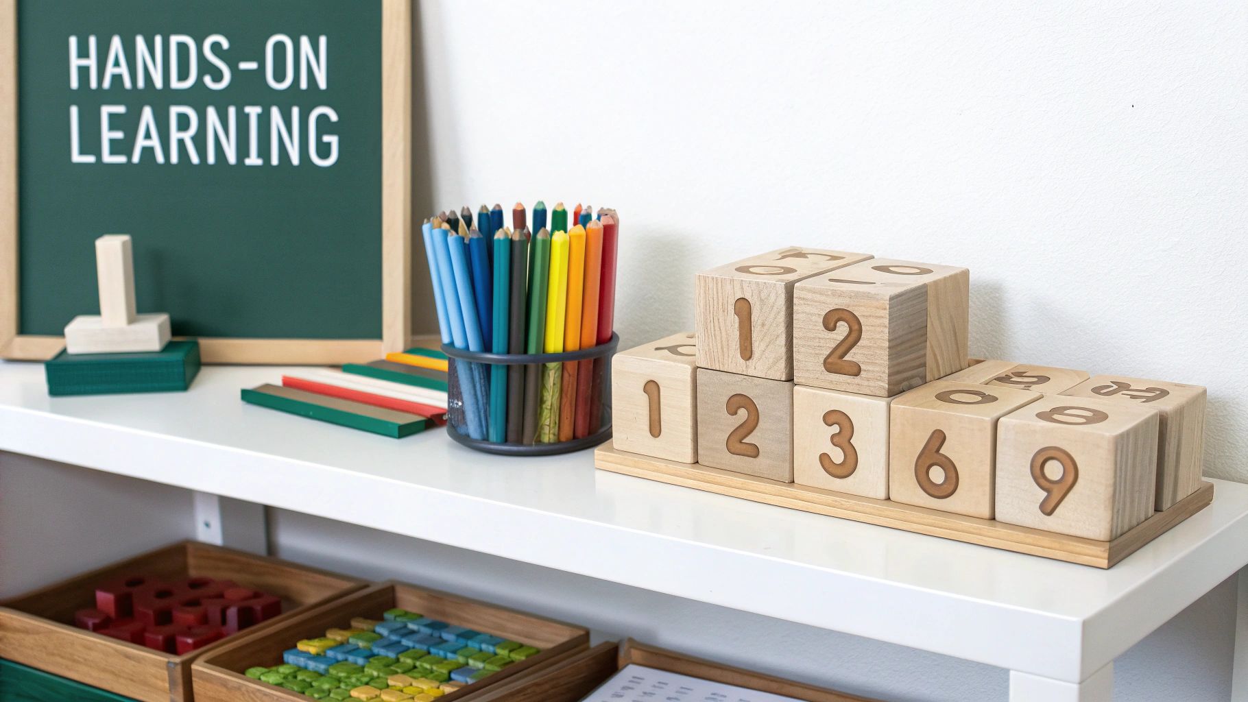 A preschool-aged child carefully arranging wooden blocks on a colourful rug.