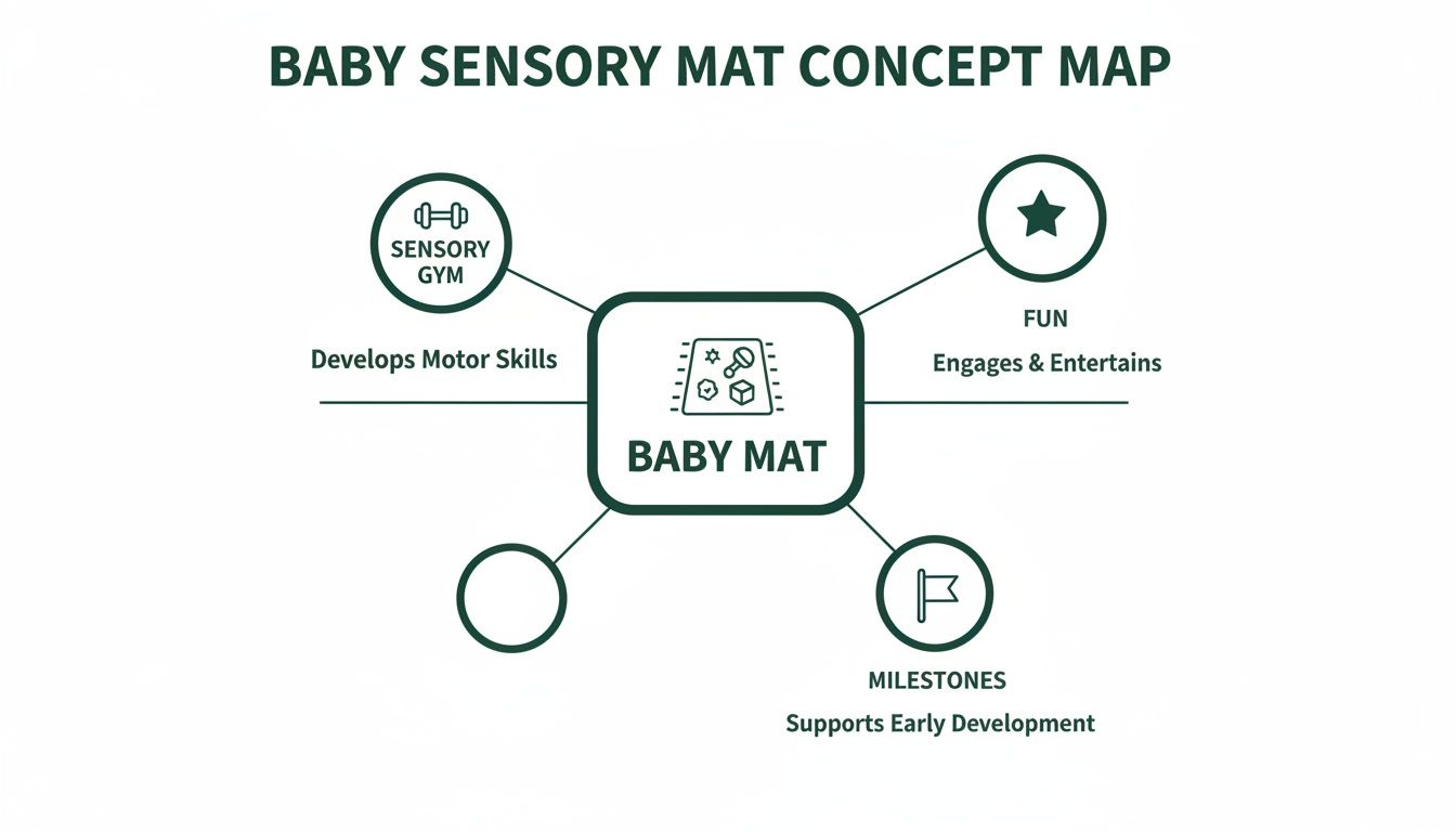Concept map illustrating the features and benefits of a baby sensory mat, including sensory gym and milestones.