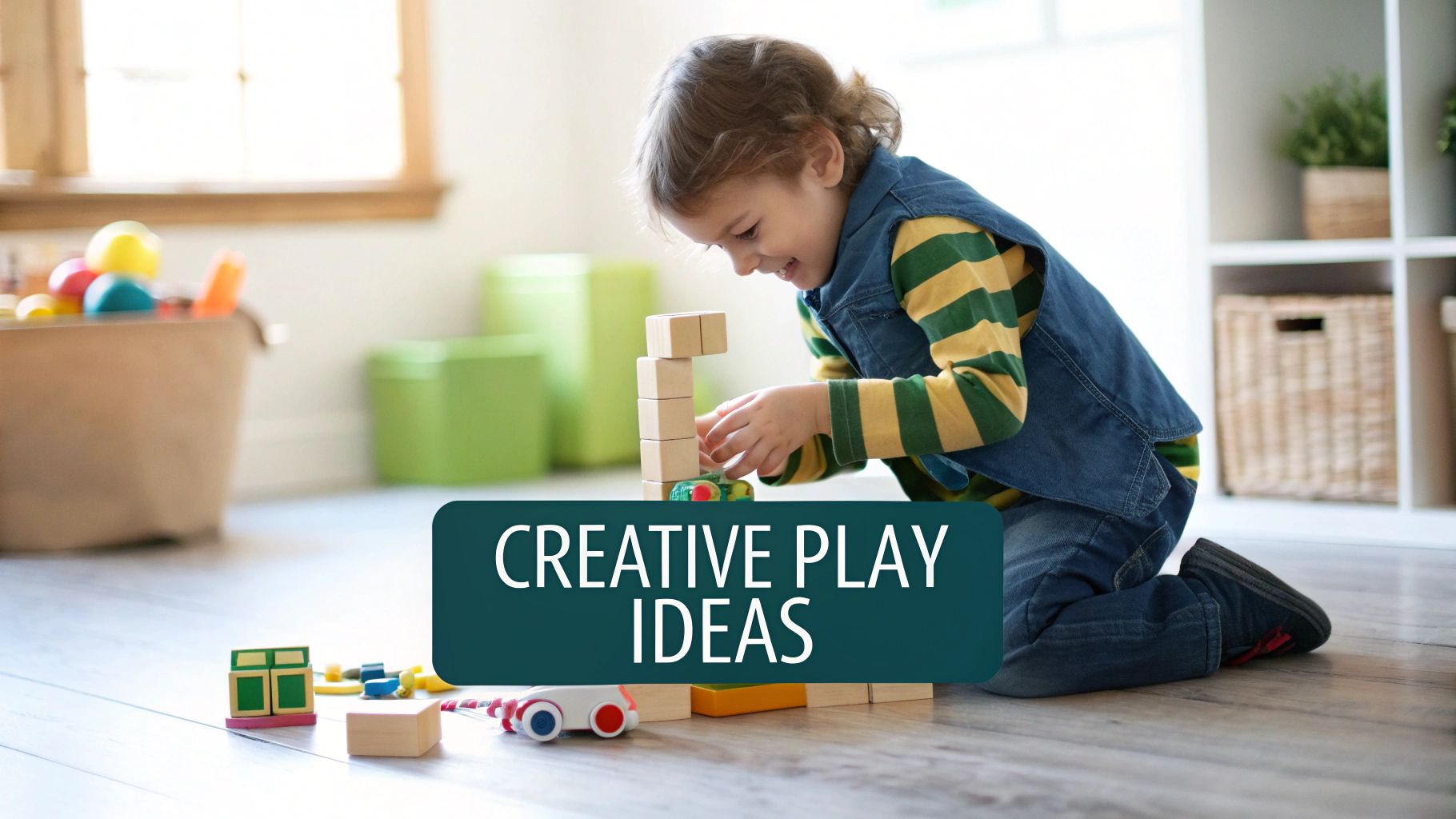 A young child happily playing with wooden stacking blocks on a wooden floor, surrounded by other toys.