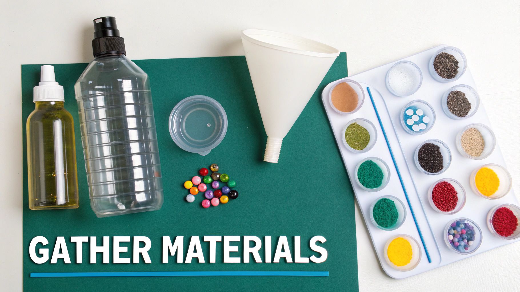 A flat lay of items like bottles, a funnel, beads, and various colorful powders on a green mat.