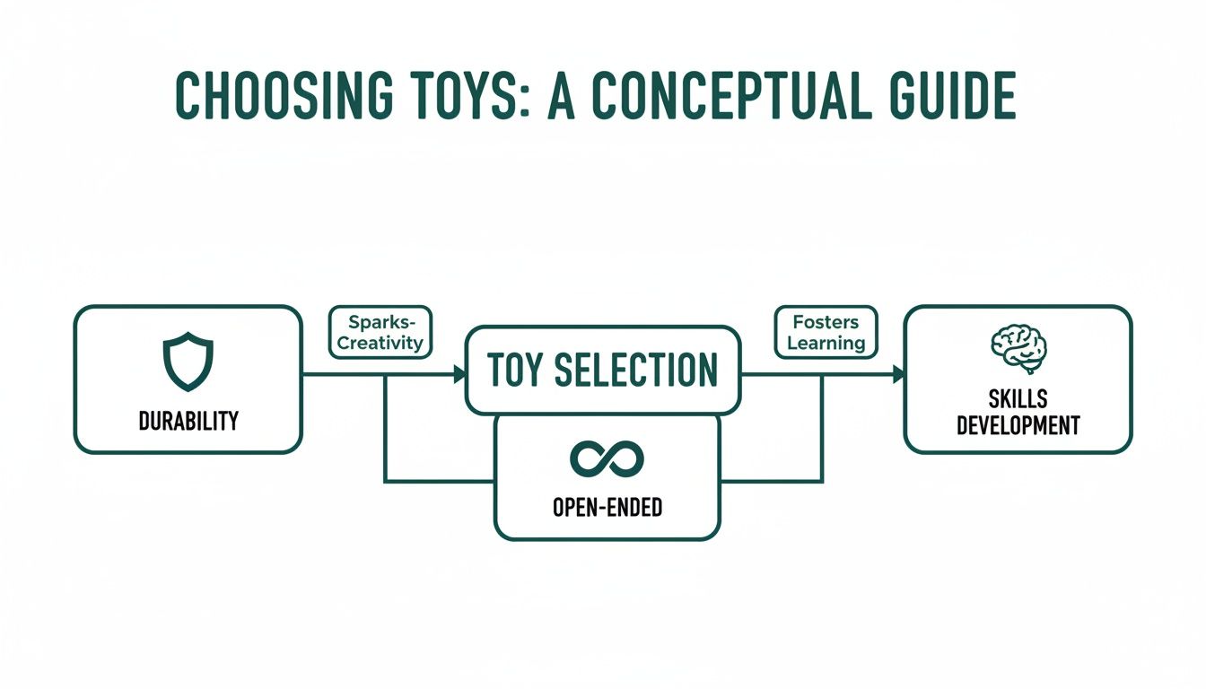 A conceptual guide diagram for choosing toys, linking durability and open-ended play to skills development.