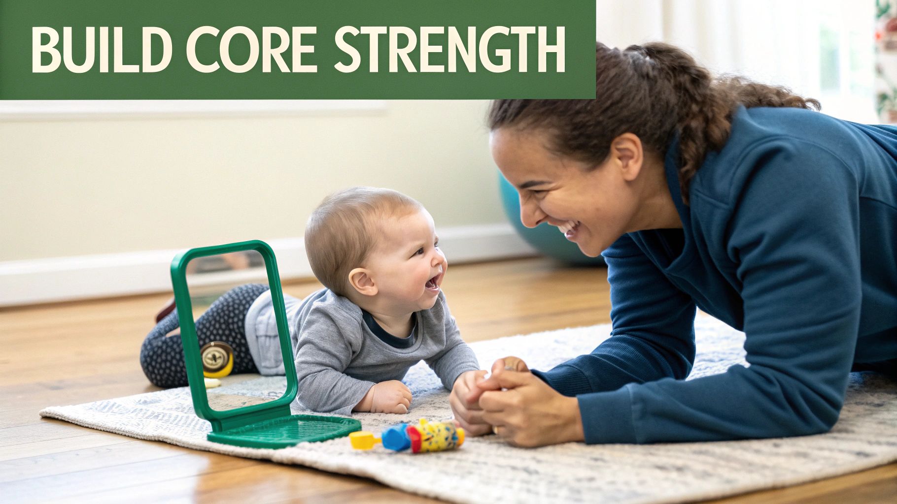 A happy mother and baby doing tummy time together on a rug, building core strength.