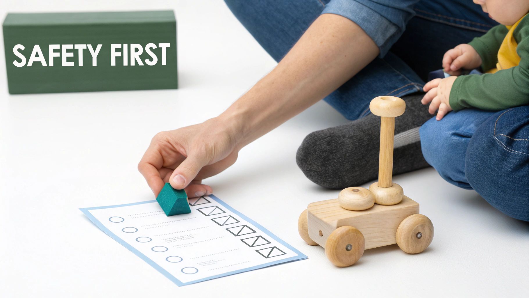 An adult and child play with a wooden toy car and blocks near a checklist, with a 'SAFETY FIRST' sign.