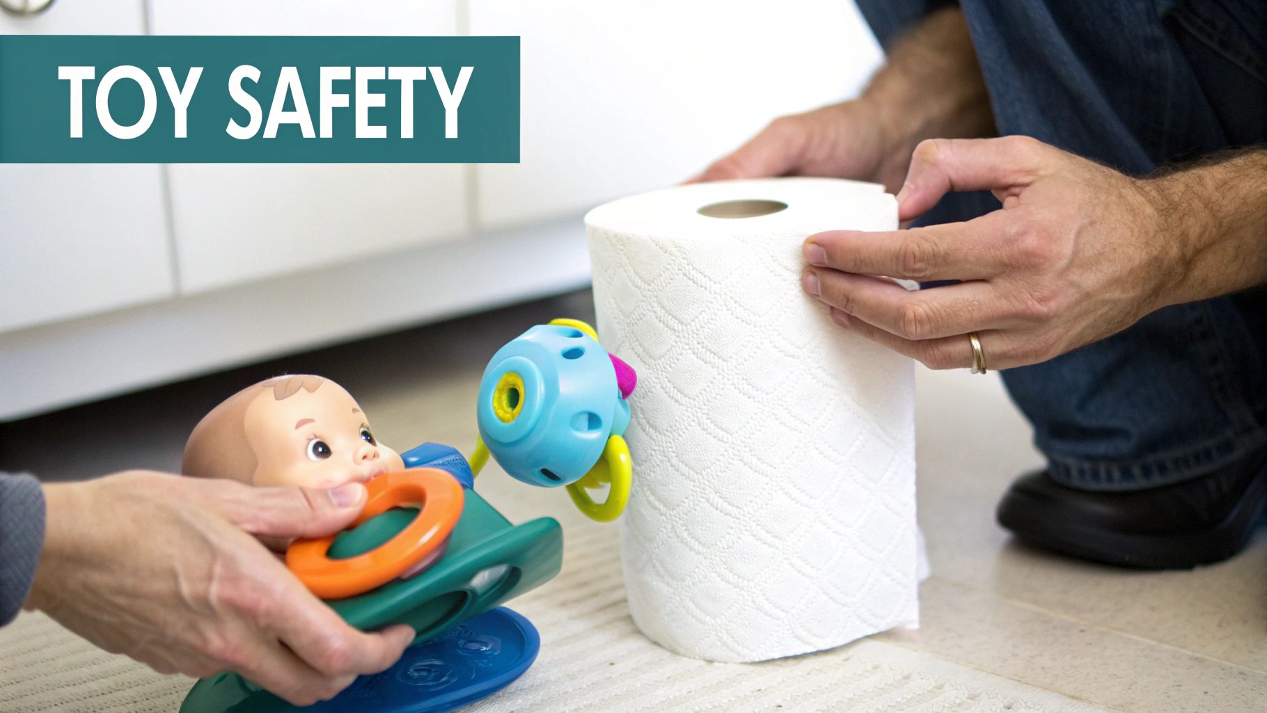 Adults demonstrate toy safety with a baby doll and colorful toys near a roll of paper towels.