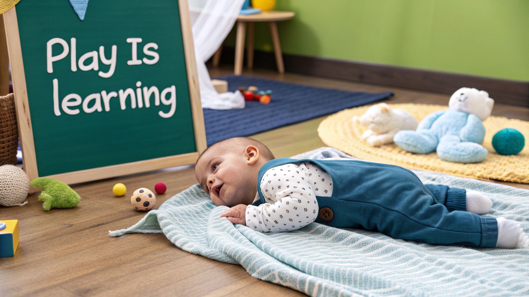 A newborn baby playing with soft, colourful developmental toys on a play mat.