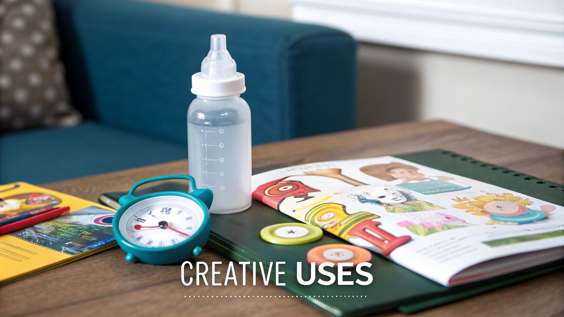 A clear baby bottle, teal clock, and open illustrated book with craft items on a wooden table.