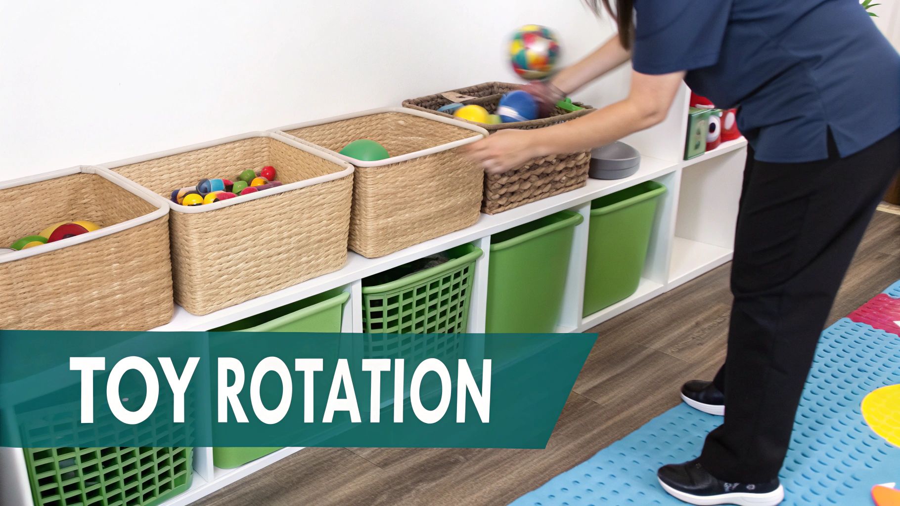A person is rotating toys, placing a colorful ball into a woven basket on a white shelf with other bins.